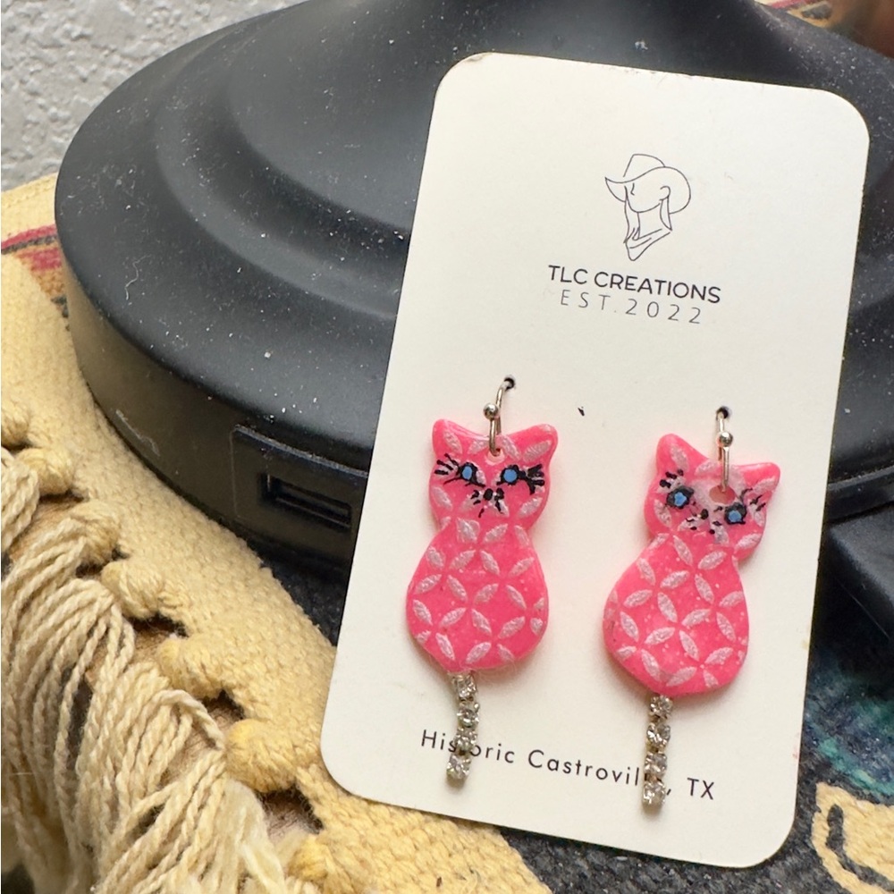 Hand Crafted Pink Cat Earrings